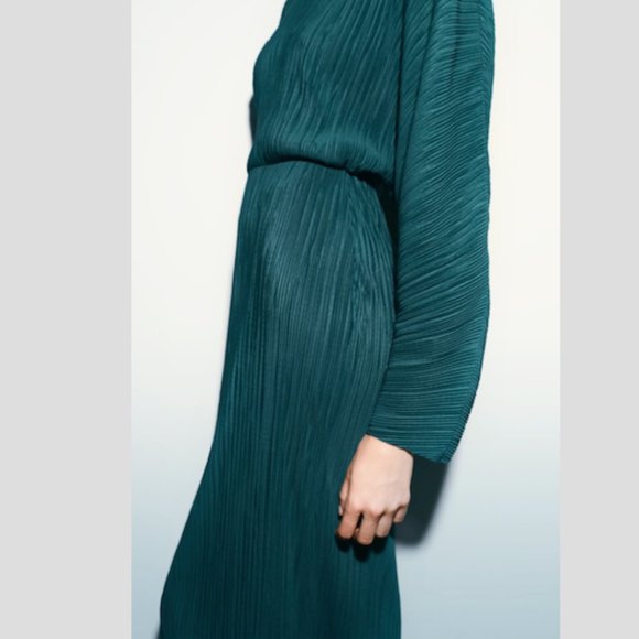 Zara Pleated Midi Dress Teal Sz Medium NWT - Picture 5 of 9
